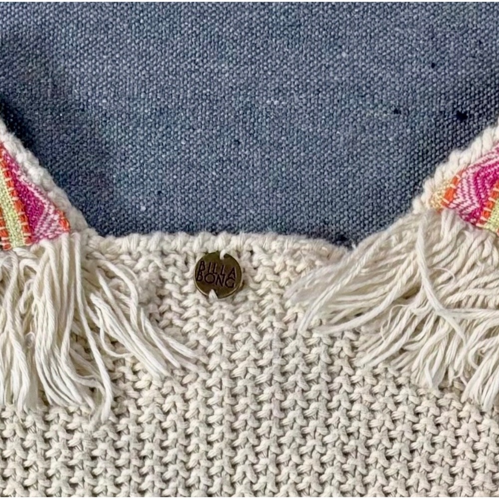 Billabong Cream Cotton Knit Fringe Sweater Boho Southwestern Embroidered Large - Picture 7 of 7